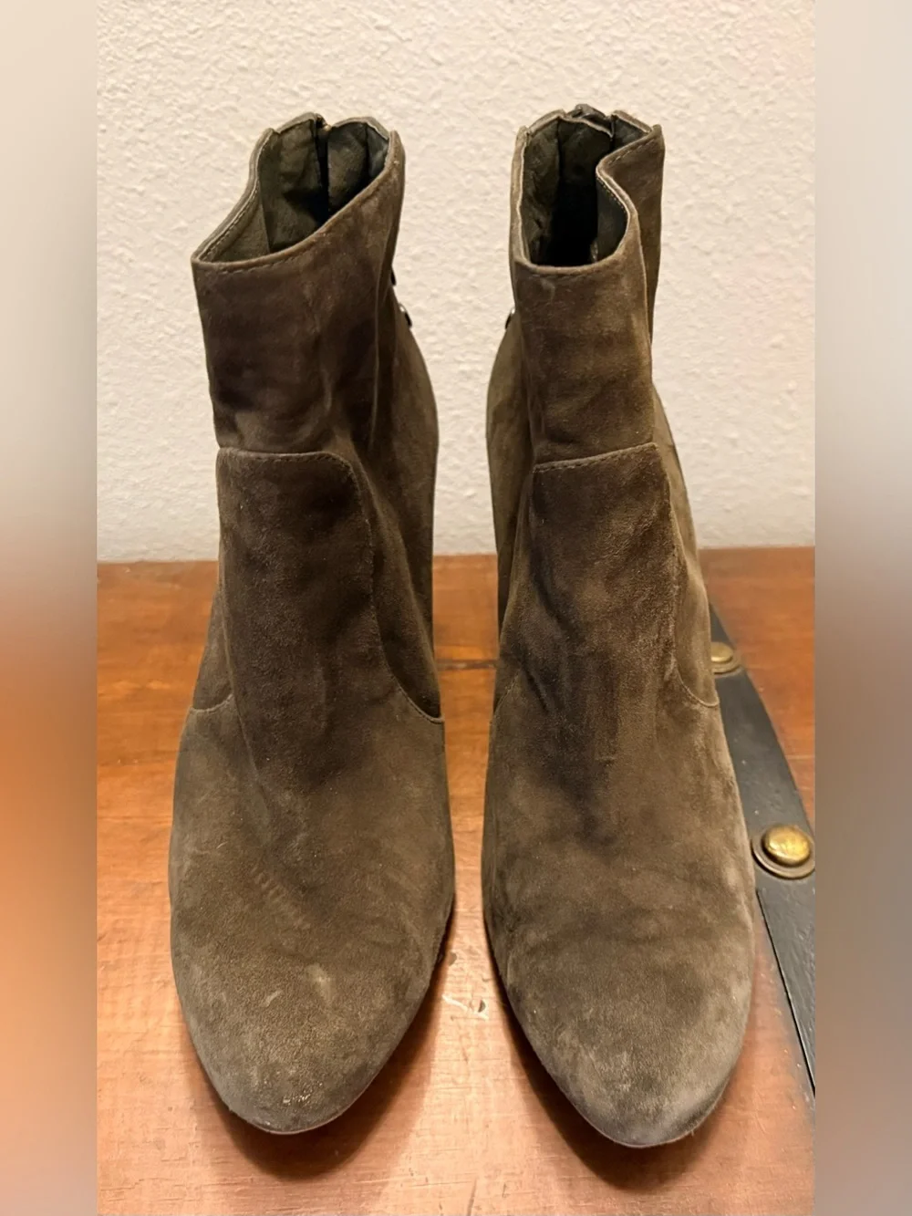 Vince Camuto Dark Khaki Suede Ankle Booties with Button Back Detail